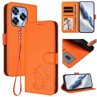 For Oukitel C50 Embossed Heart Cat Leather Phone Case with Hand Strap(Orange)