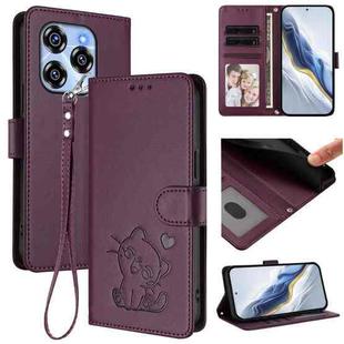 For Oukitel C50 Embossed Heart Cat Leather Phone Case with Hand Strap(Dark Purple)