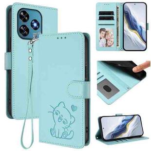 For Oukitel C51 Embossed Heart Cat Leather Phone Case with Hand Strap(Mint Green)