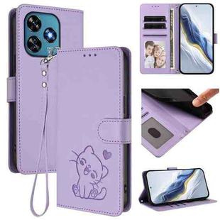 For Oukitel C51 Embossed Heart Cat Leather Phone Case with Hand Strap(Light Purple)
