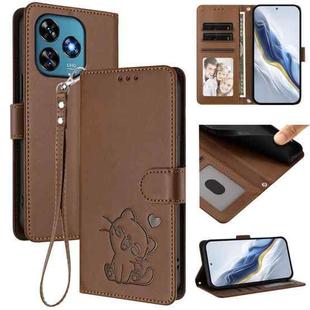 For Oukitel C51 Embossed Heart Cat Leather Phone Case with Hand Strap(Brown)