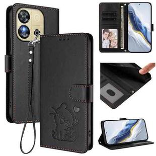 For Oukitel C57S / C57 Pro / Blu J12 Embossed Heart Cat Leather Phone Case with Hand Strap(Black)