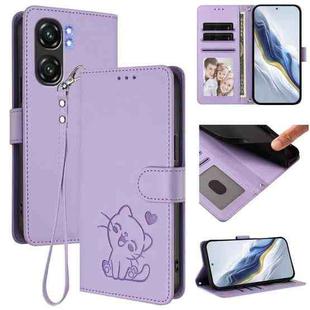 For Oukitel C58 / C58 Pro Embossed Heart Cat Leather Phone Case with Hand Strap(Light Purple)