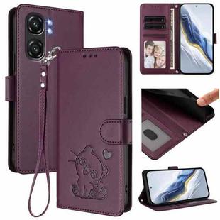 For Oukitel C58 / C58 Pro Embossed Heart Cat Leather Phone Case with Hand Strap(Dark Purple)