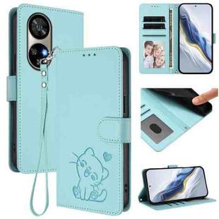 For Ulefone Note 17 Pro Embossed Heart Cat Leather Phone Case with Hand Strap(Mint Green)