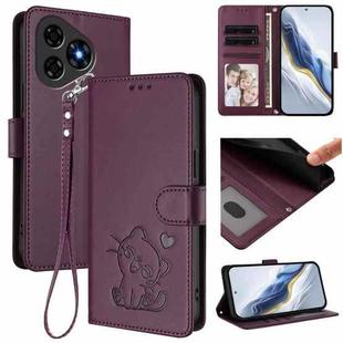 For Ulefone Note 19 Embossed Heart Cat Leather Phone Case with Hand Strap(Dark Purple)