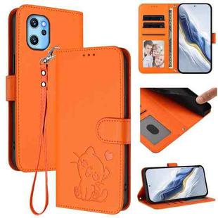 For Umidigi Power 7 Max Embossed Heart Cat Leather Phone Case with Hand Strap(Orange)