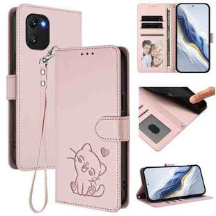 For Umidigi Power 7 / 7S Embossed Heart Cat Leather Phone Case with Hand Strap(Pink)
