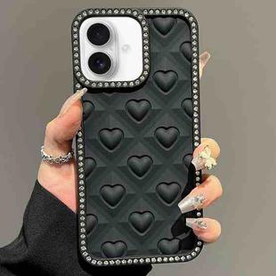 For iPhone 16 Plus Oil-Sprayed Heart 3D Embossed Diamond TPU Phone Case(Black)