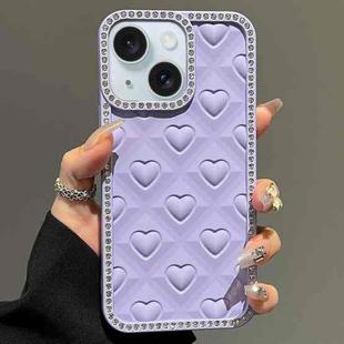 For iPhone 15 Plus Oil-Sprayed Heart 3D Embossed Diamond TPU Phone Case(Purple)