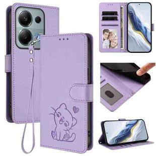 For Redmi Note 14S 4G / 13 Pro 4G Global Embossed Heart Cat Leather Phone Case with Hand Strap(Light Purple)