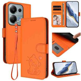 For Redmi Note 14S 4G / 13 Pro 4G Global Embossed Heart Cat Leather Phone Case with Hand Strap(Orange)