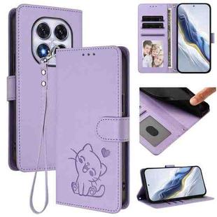 For Redmi Note 14 Pro 4G Global Embossed Heart Cat Leather Phone Case with Hand Strap(Light Purple)