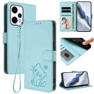 For Redmi Note 12 Turbo 5G / Xiaomi Poco F5 Embossed Heart Cat Leather Phone Case with Hand Strap(Mint Green)