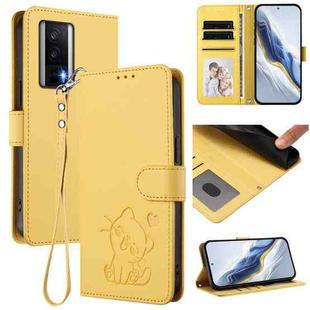 For Redmi K60 / K60 Pro Embossed Heart Cat Leather Phone Case with Hand Strap(Yellow)
