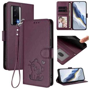 For Redmi K60 / K60 Pro Embossed Heart Cat Leather Phone Case with Hand Strap(Dark Purple)
