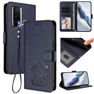 For Redmi K60 / K60 Pro Embossed Heart Cat Leather Phone Case with Hand Strap(Blue)