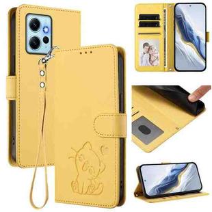 For Redmi Note 12 4G Global Embossed Heart Cat Leather Phone Case with Hand Strap(Yellow)
