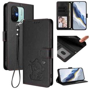 For Redmi 11A / Xiaomi Poco C55 Embossed Heart Cat Leather Phone Case with Hand Strap(Black)