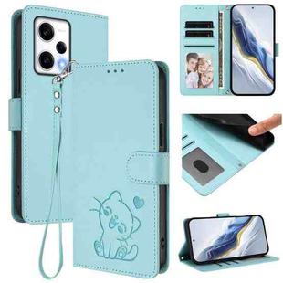 For Redmi Note 12 Pro+ 5G India Embossed Heart Cat Leather Phone Case with Hand Strap(Mint Green)