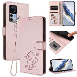For Redmi K50 Ultra / Xiaomi 12T / 12T Pro Embossed Heart Cat Leather Phone Case with Hand Strap(Pink)