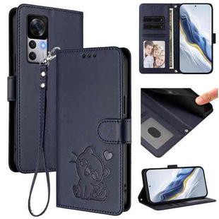 For Redmi K50 Ultra / Xiaomi 12T / 12T Pro Embossed Heart Cat Leather Phone Case with Hand Strap(Blue)