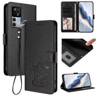 For Redmi K50 Ultra / Xiaomi 12T / 12T Pro Embossed Heart Cat Leather Phone Case with Hand Strap(Black)