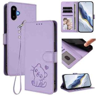 For Samsung Galaxy M06 5G / F06 5G Embossed Heart Cat Leather Phone Case with Hand Strap(Light Purple)