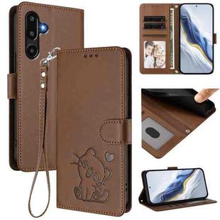 For Samsung Galaxy M16 5G / F16 5G Embossed Heart Cat Leather Phone Case with Hand Strap(Brown)