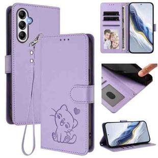 For Samsung Galaxy M14 5G Embossed Heart Cat Leather Phone Case with Hand Strap(Light Purple)