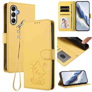 For Samsung Galaxy M14 5G Embossed Heart Cat Leather Phone Case with Hand Strap(Yellow)