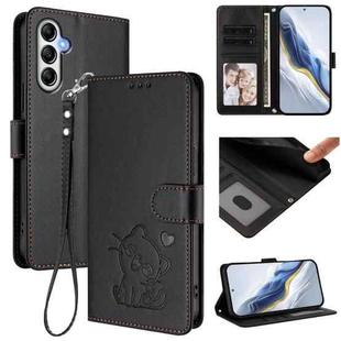 For Samsung Galaxy M14 5G Embossed Heart Cat Leather Phone Case with Hand Strap(Black)