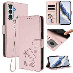 For Samsung Galaxy M34 5G / F34 5G Embossed Heart Cat Leather Phone Case with Hand Strap(Pink)