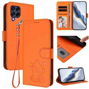 For Samsung Galaxy M53 5G Embossed Heart Cat Leather Phone Case with Hand Strap(Orange)