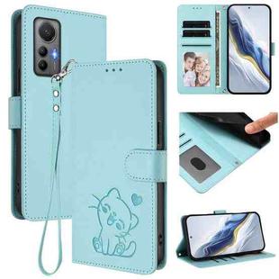 For Xiaomi 12 Lite Embossed Heart Cat Leather Phone Case with Hand Strap(Mint Green)