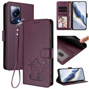 For Xiaomi 13 Lite 5G / Civi 2 Embossed Heart Cat Leather Phone Case with Hand Strap(Dark Purple)