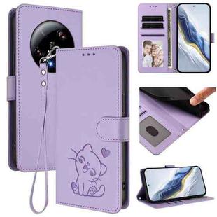 For Xiaomi 13 Ultra Embossed Heart Cat Leather Phone Case with Hand Strap(Light Purple)