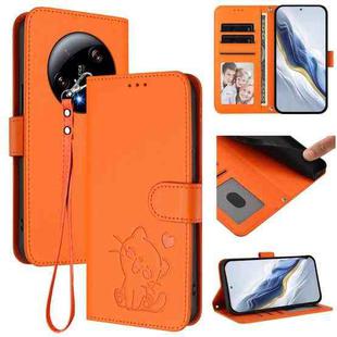 For Xiaomi 13 Ultra Embossed Heart Cat Leather Phone Case with Hand Strap(Orange)