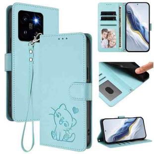 For Xiaomi 14 Pro 5G Embossed Heart Cat Leather Phone Case with Hand Strap(Mint Green)