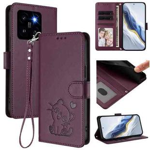 For Xiaomi 14 Pro 5G Embossed Heart Cat Leather Phone Case with Hand Strap(Dark Purple)