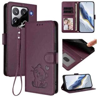 For Xiaomi 15 Pro Embossed Heart Cat Leather Phone Case with Hand Strap(Dark Purple)