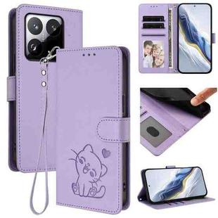 For Xiaomi 15T 5G Embossed Heart Cat Leather Phone Case with Hand Strap(Light Purple)