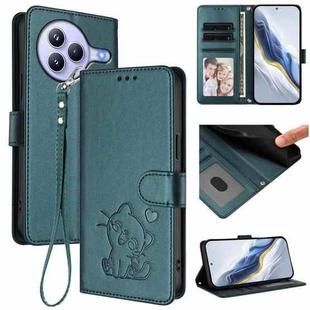 For Xiaomi Civi 5 Pro 5G Embossed Heart Cat Leather Phone Case with Hand Strap(Dark Green)