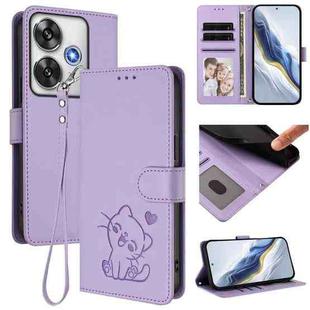 For Xiaomi Poco F6 5G Embossed Heart Cat Leather Phone Case with Hand Strap(Light Purple)