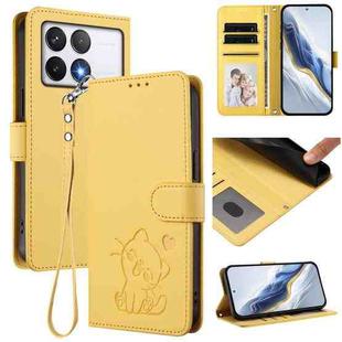 For Xiaomi Poco F6 Pro 5G Embossed Heart Cat Leather Phone Case with Hand Strap(Yellow)