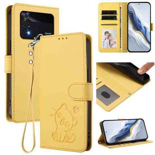 For Xiaomi Poco M4 Pro 4G Embossed Heart Cat Leather Phone Case with Hand Strap(Yellow)