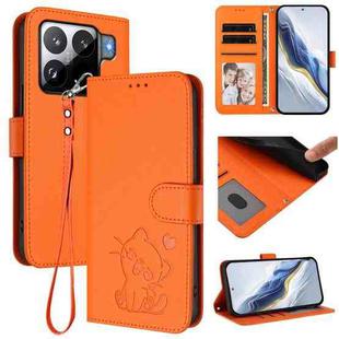For Xiaomi 15S Pro 5G Embossed Heart Cat Leather Phone Case with Hand Strap(Orange)