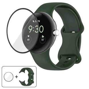 For Google Pixel Watch 2 Butterfly Buckle Silicone Watch Band with 3D Curved Film(Olive Green)