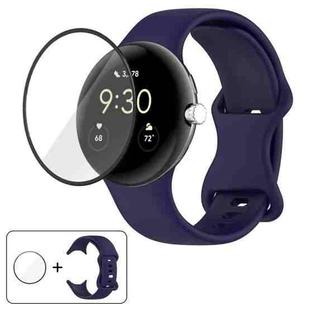 For Google Pixel Watch Butterfly Buckle Silicone Watch Band with 3D Curved Film(Midnight Blue)