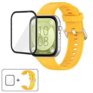 For Huawei Watch Fit 4 Silver Steel Buckle Silicone Watch Band with 3D Curved Film(Yellow)